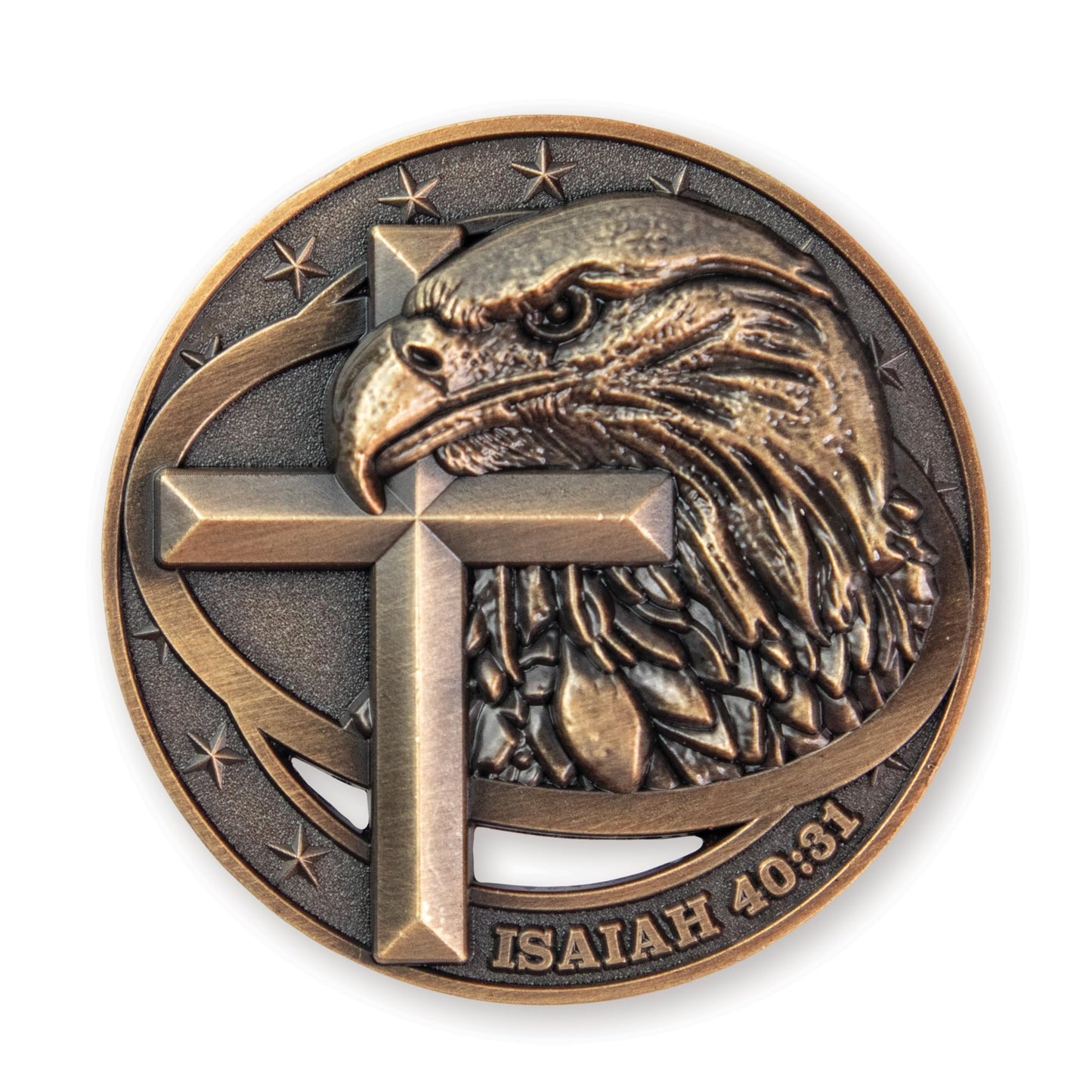 Inspiring Christian Challenge Coins – 3-Pack Bald Eagle & Cross Design, Antique Gold Plated!”