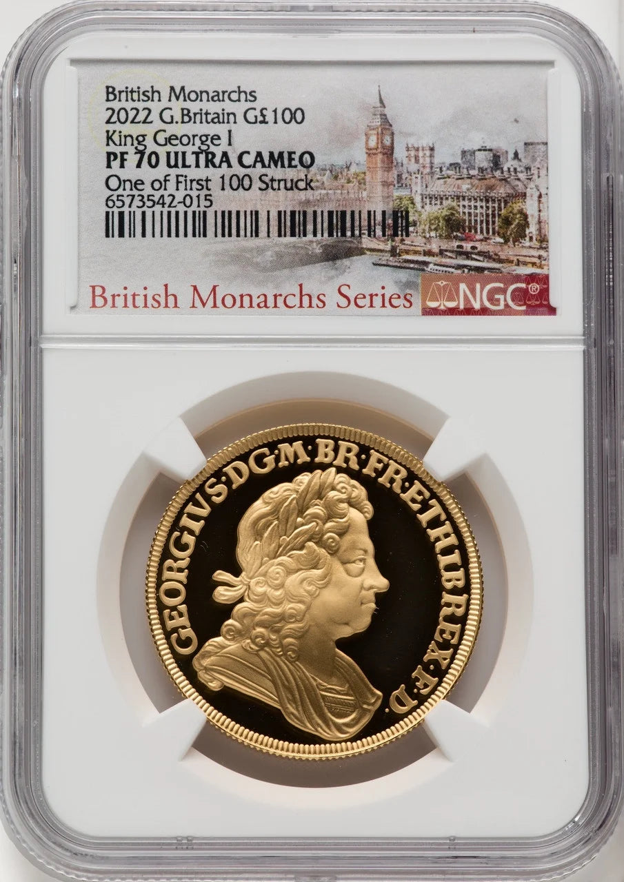 Elizabeth II Gold Proof George I 100 Pounds (1 Oz) 2022 PR70 Ultra Cameo NGC. One of First 100 Struck. World Coins NGC MS70