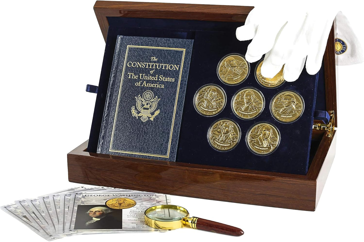 The Franklin Mint Founding Fathers Coin Collection - 7-Piece 24-Karat Gold-Plated Collectible Coins with Wood and Metal Storage Box - United States of America Leaders - Complete Set