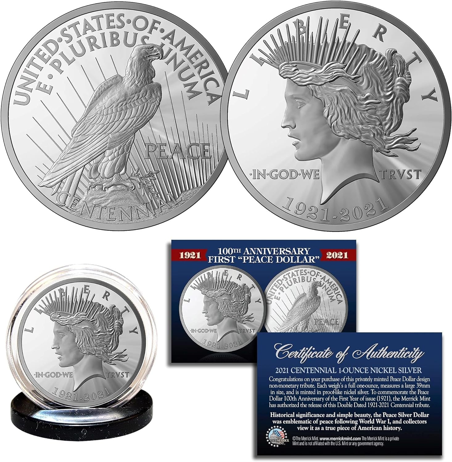 100Th Anniversary of the First Peace Silver Dollar 1 OZ 39Mm Tribute Coin Medallion Double Dated with Certificate