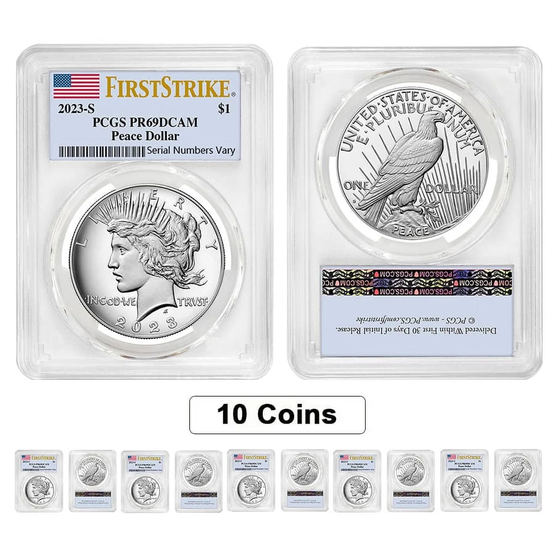 Lot of 10 - 2023-S Peace Silver Dollar Proof Coin PCGS PF 69 FS