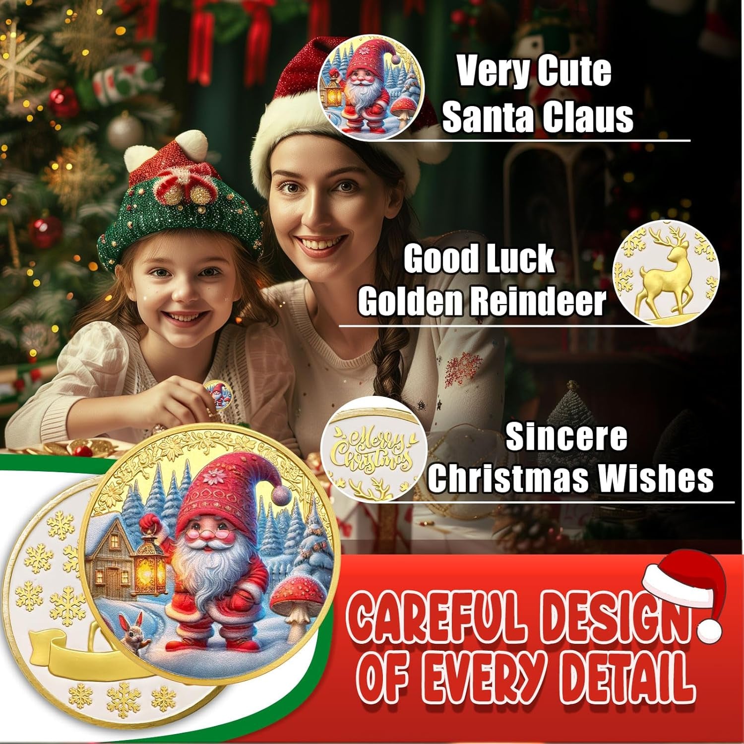 Cute Santa Claus Christmas Coin Gold Reindeer Christmas Commemorative Coin Christmas Ornaments Christmas Tree Decoration Home Decoration Christmas Badges Christmas Gift for Family Friend