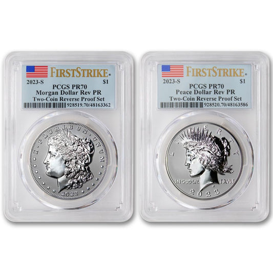 2023 S Set of (2) American Proof Silver Morgan and Peace Dollar Coins Reverse PR-70 (First Strike - Flag Label) $1 PCGS Rev PR70