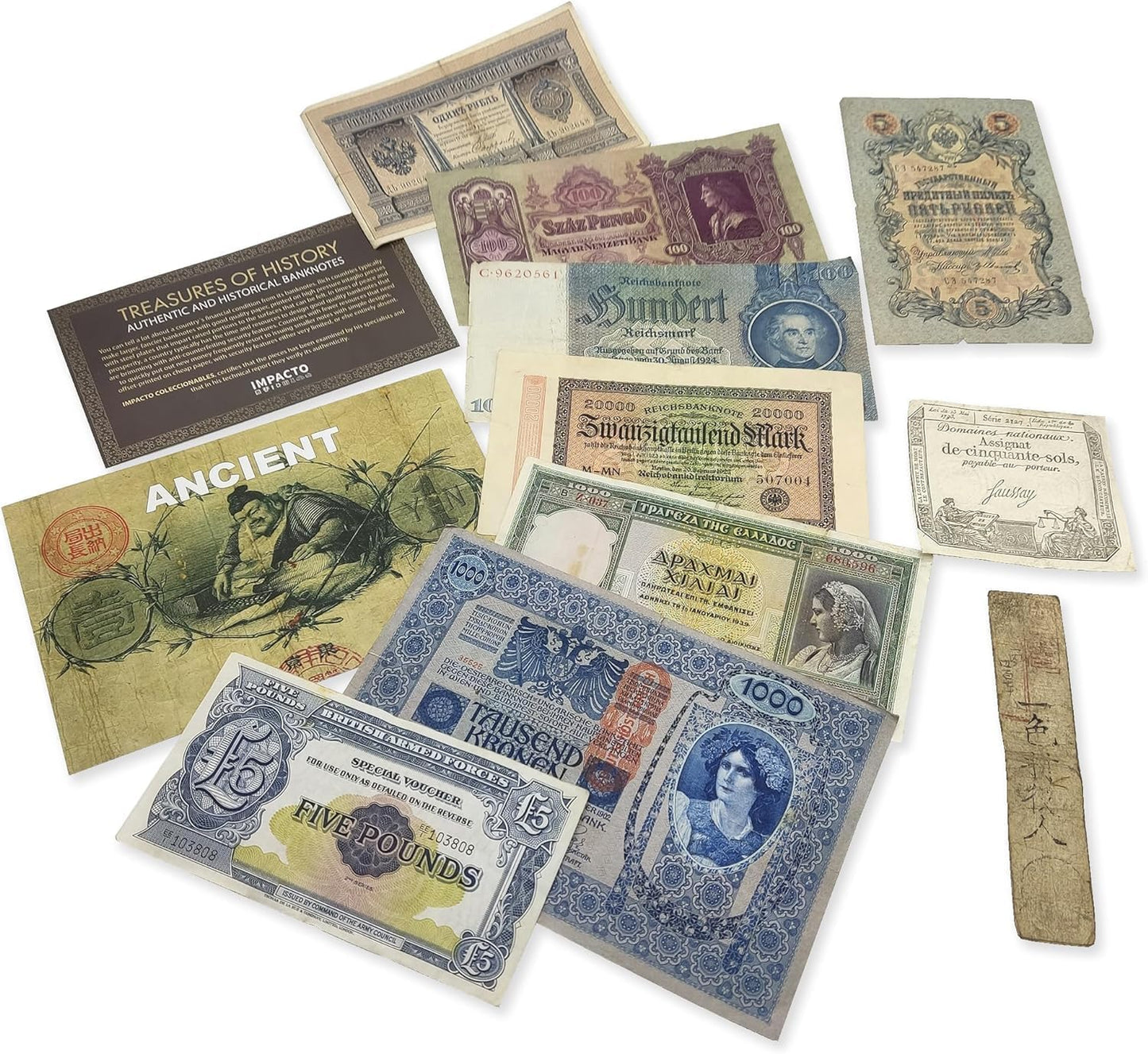 IMPACTO COLECCIONABLES - Collection of 10 Original Old Banknotes with Certificate of Authenticity. Banknotes from 3 Centuries