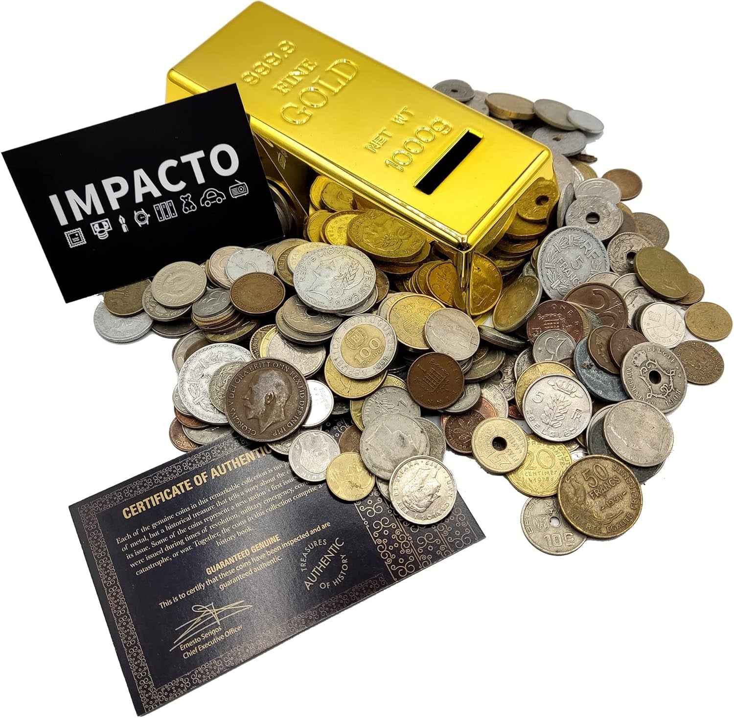 IMPACTO COLECCIONABLES Coin Collection - Collectible Coins for Collectors - Piggy Bank with 1Lb of Rare Coins - World Currency Set - Old Foreign Currency (COA Included).