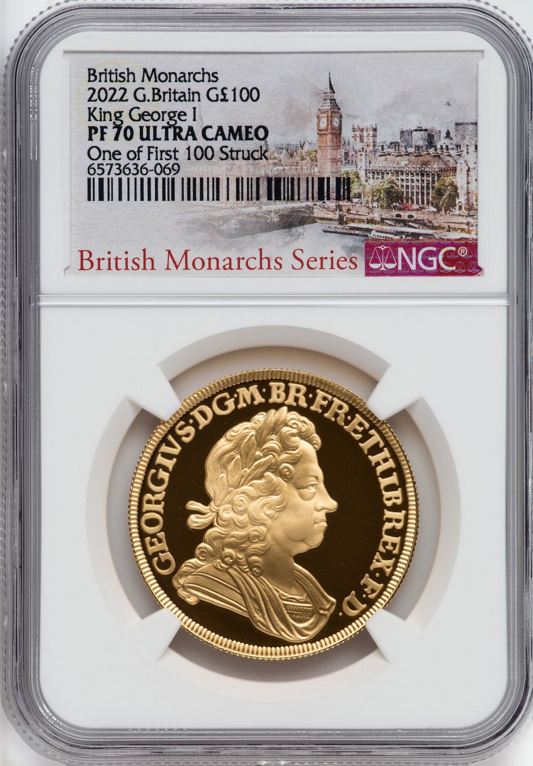 Elizabeth II Gold George I 100 Pounds 2022 PR70 Ultra Cameo NGC. One of First 100 Struck World Coins NGC MS70