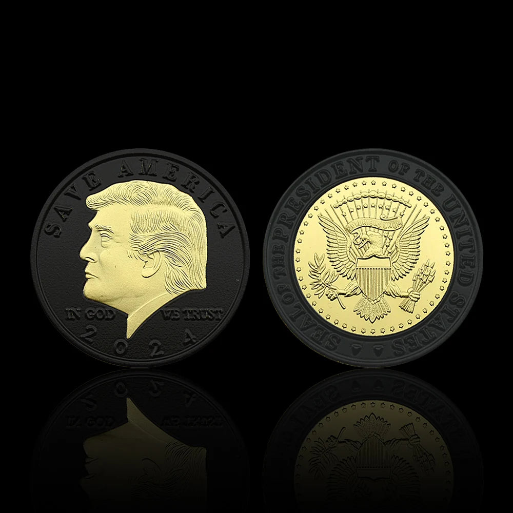 Donald Trump Black Embossed Challenge Coin – Fight for USA, Gold-Plated