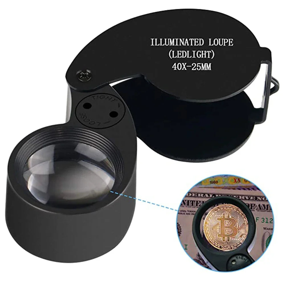 High-Power 40X Folding Magnifier - LED Light for Jewelry and Diamond Identifying"