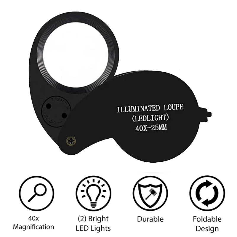 High-Power 40X Folding Magnifier - LED Light for Jewelry and Diamond Identifying"