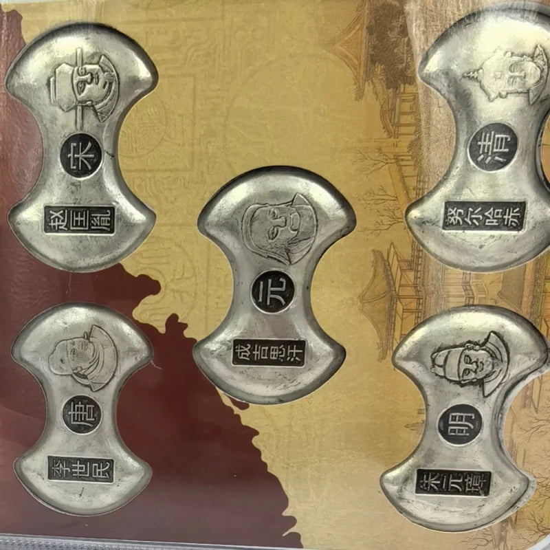 Five Emperors Sycee Ingot Coins – Tang, Song, Yuan, Ming, Qing Dynasties Set