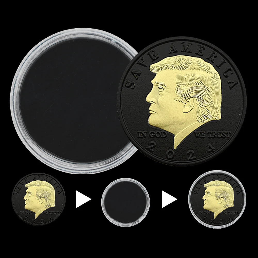 Donald Trump Black Embossed Challenge Coin – Fight for USA, Gold-Plated