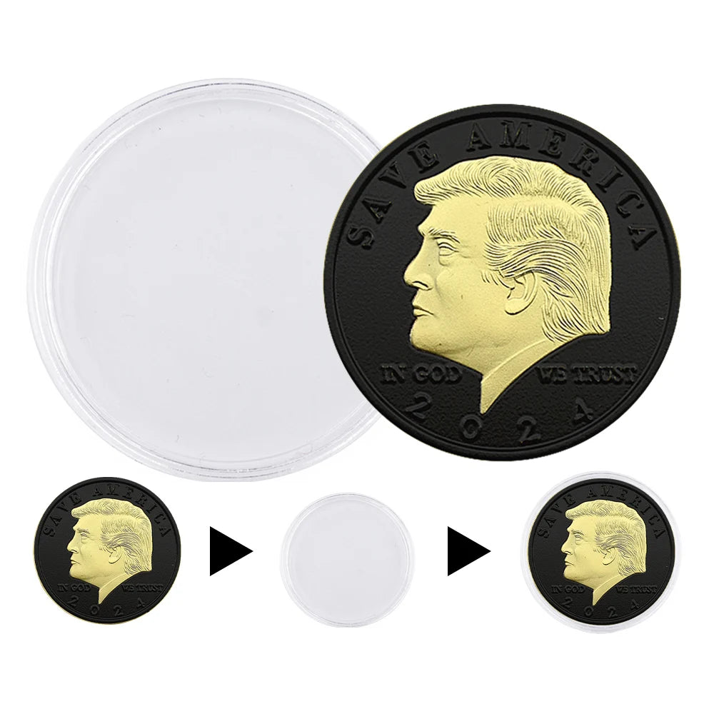 Donald Trump Black Embossed Challenge Coin – Fight for USA, Gold-Plated