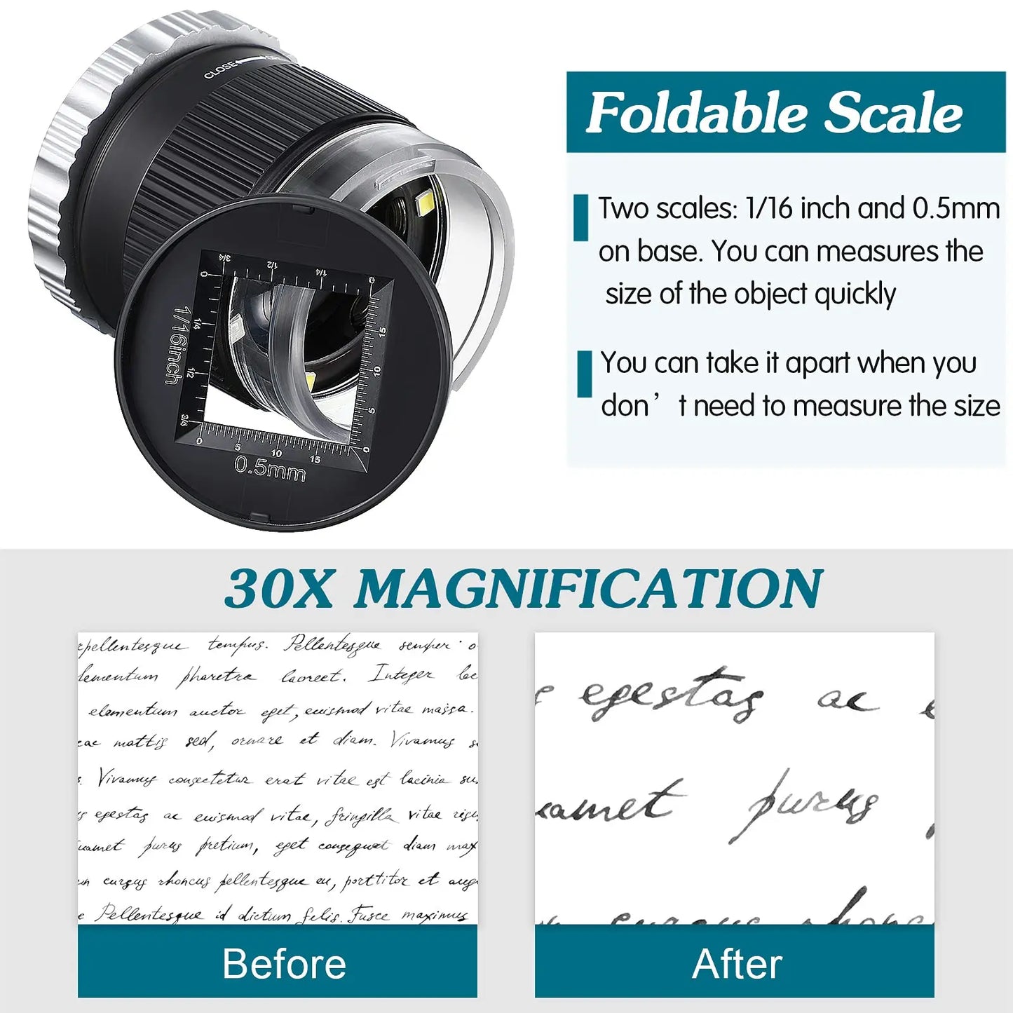 Best Seller: 30X Pocket Magnifier with Scale, LED UV Light – Portable & Durable"