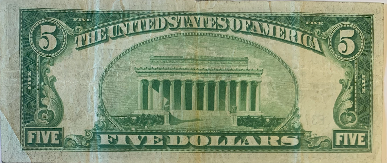 Mint $5 Silver Certificate: Blue Seal, Lincoln Memorial 1934-A Edition