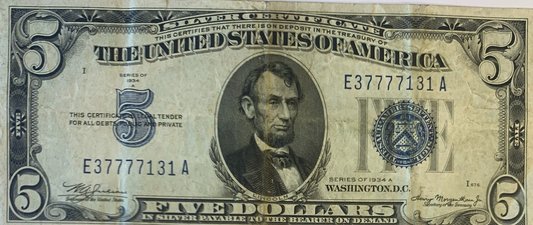 Mint $5 Silver Certificate: Blue Seal, Lincoln Memorial 1934-A Edition