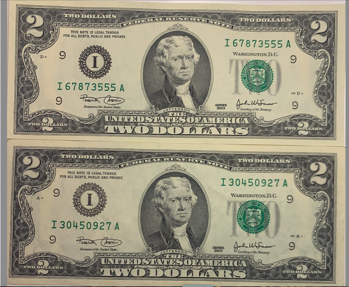 Collectible Pair of 2003 $2 Notes - Signed by Marin and Snow, Limited Edition