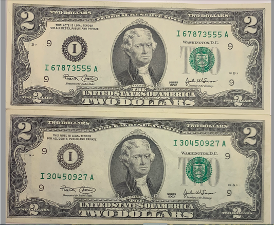 Collectible Pair of 2003 $2 Notes - Signed by Marin and Snow, Limited Edition