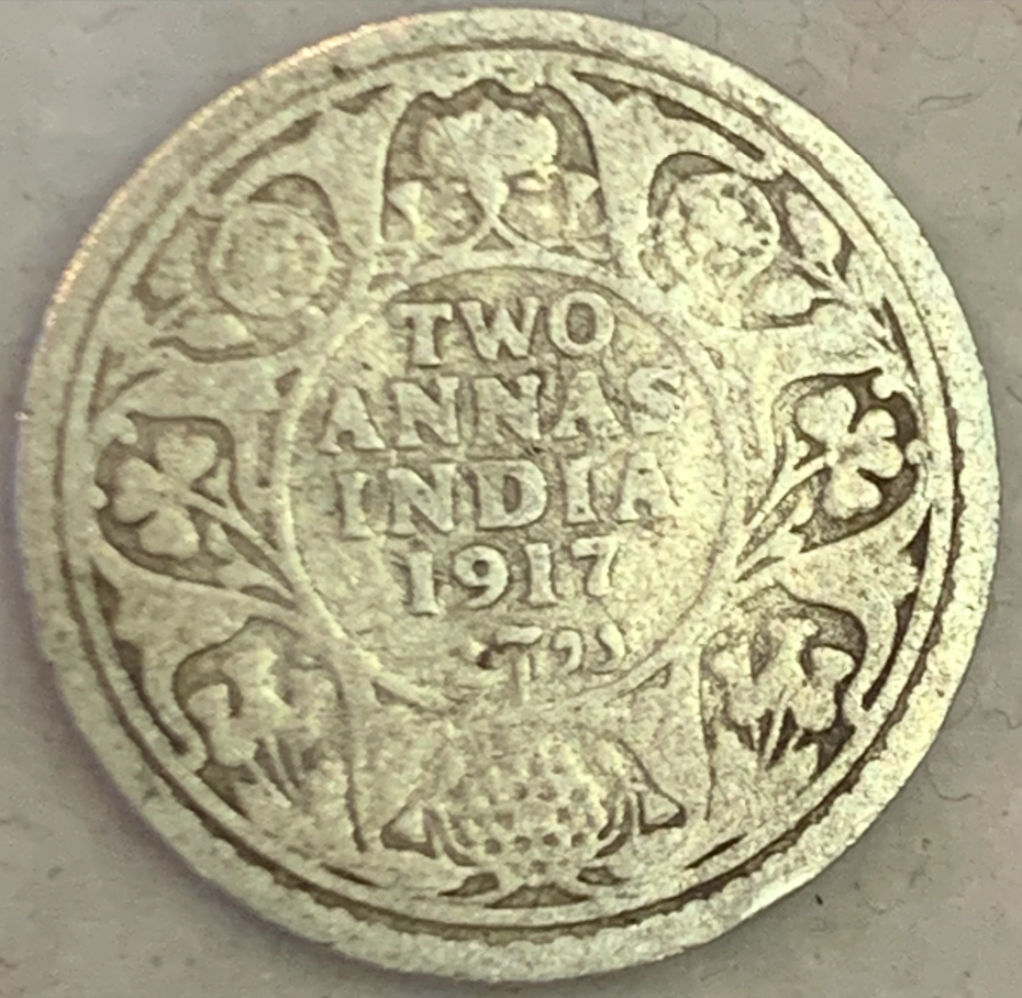 Rare 1917 India-British 2 Annas - Silver Coin