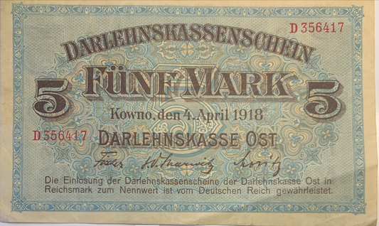 Antique 1918 Ober Ost 5 Mark - Historic WWI Darlehnskassenschein