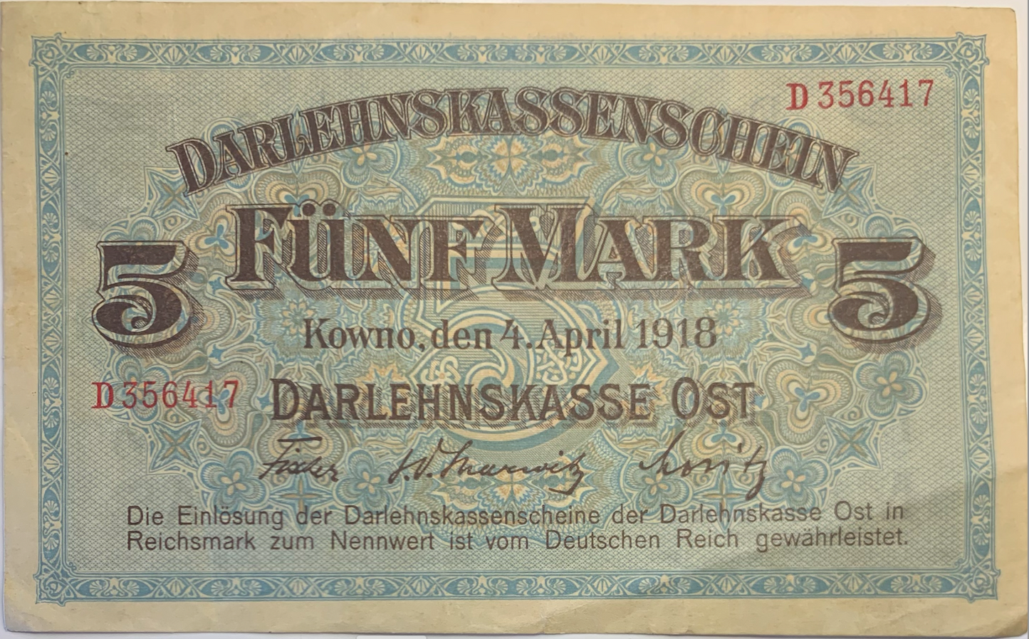 Antique 1918 Ober Ost 5 Mark - Historic WWI Darlehnskassenschein