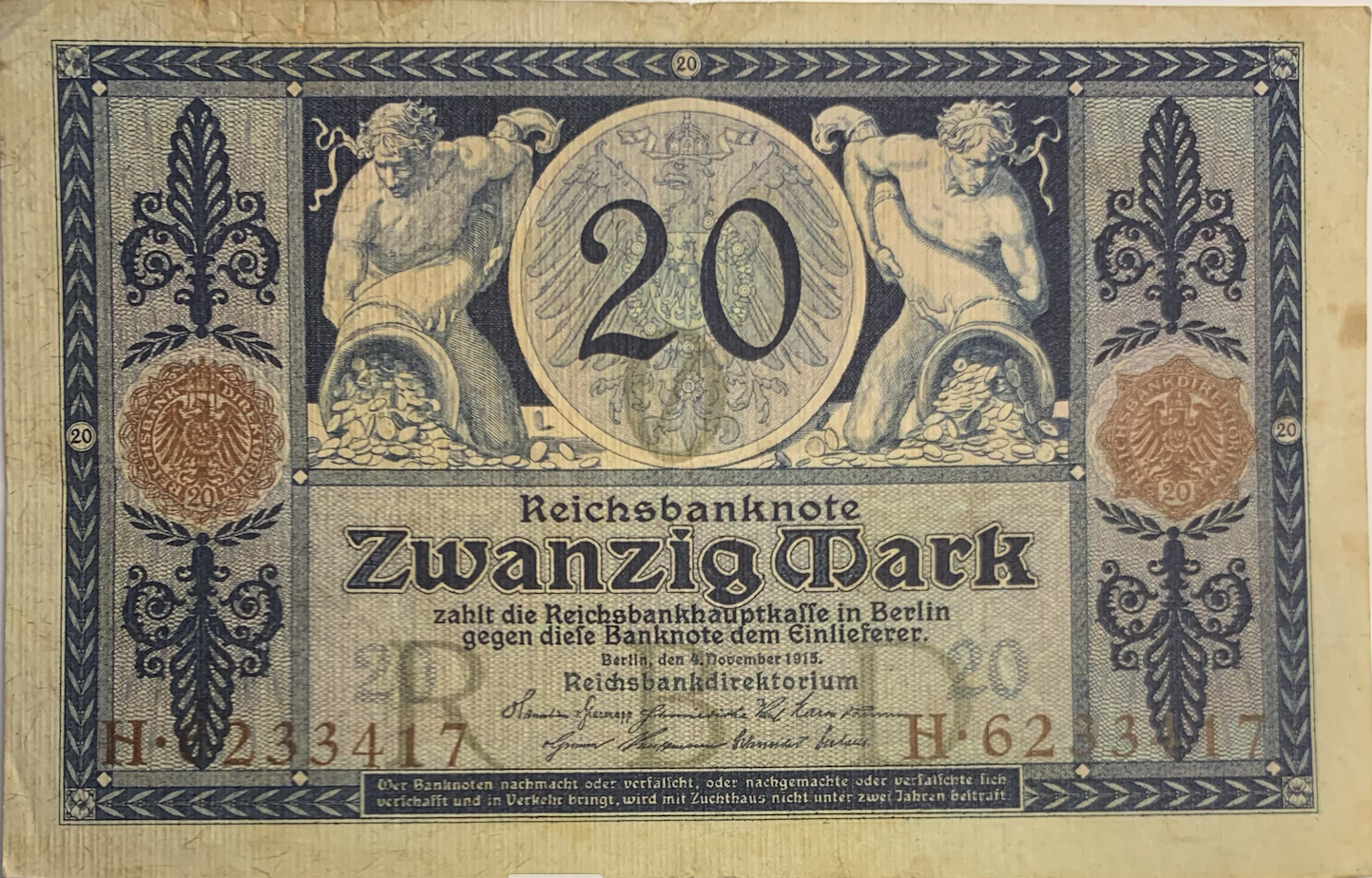 Vintage 1915 20 Mark Banknote - German Empire Currency