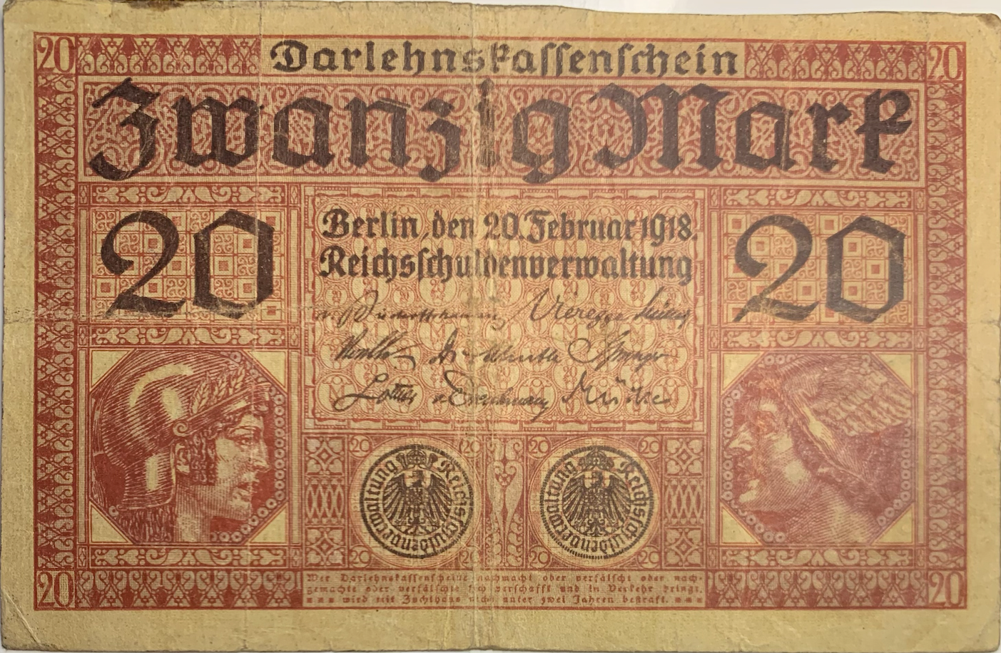 Vintage 1918 20 Mark Banknote - German Empire Currency