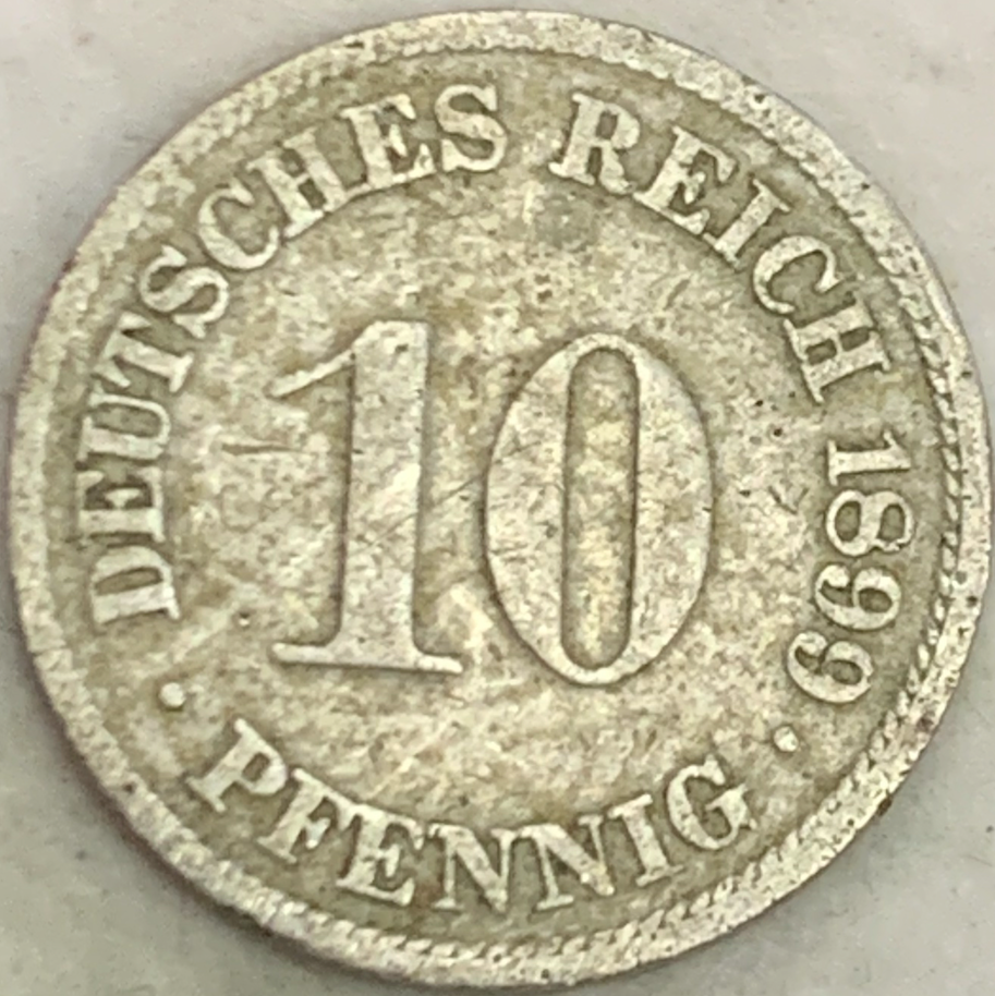 1899 Germany 10 Pfennig - Wilhelm II, Mintmark 'F' Stuttgart