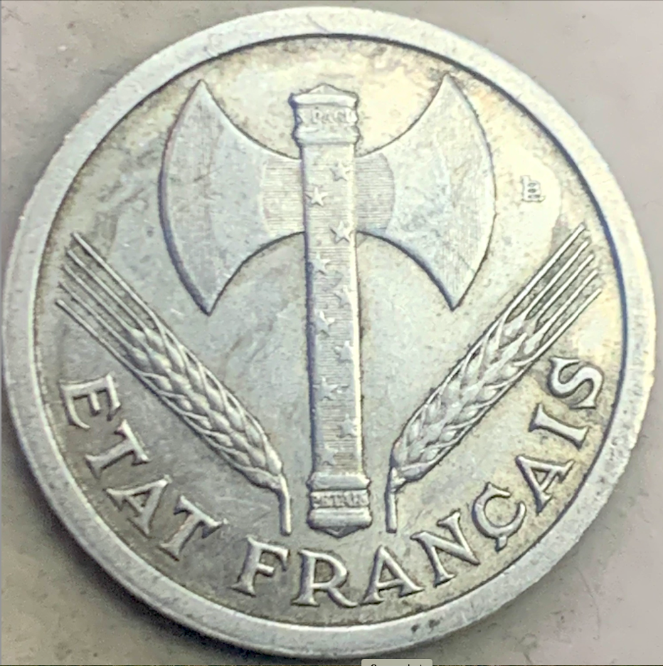 Historic 1943 2 Francs Coin - Smooth Edge - Vichy France