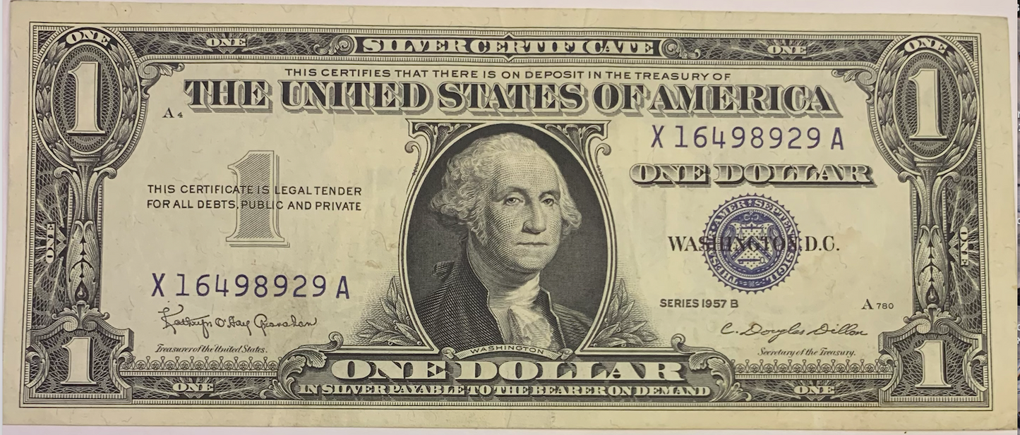 1957-B $1 Silver Certificate, Blue Seal, With Motto - U.S. Issue