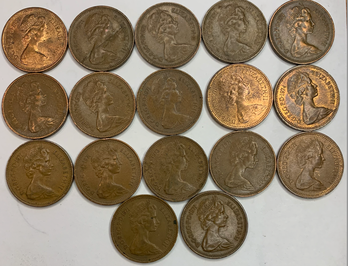 Bronze 1 New Penny Coins, UK 1971-1981 | 17 Coins, Proofs, 60.99g