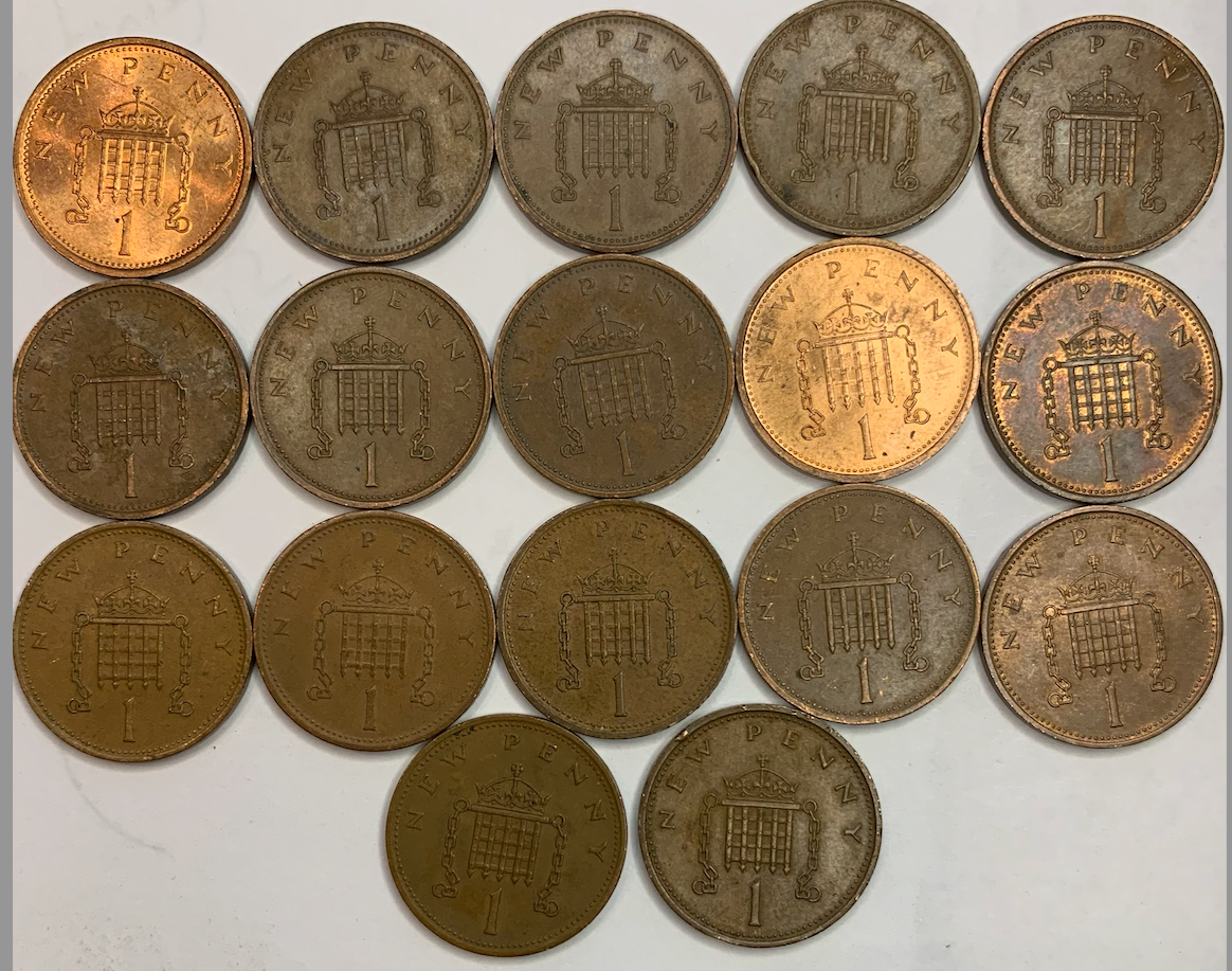 Bronze 1 New Penny Coins, UK 1971-1981 | 17 Coins, Proofs, 60.99g