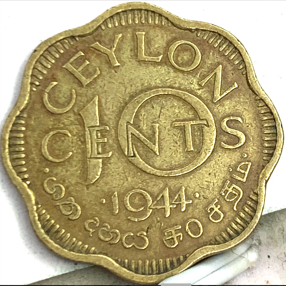 1944 Ceylon 10 Cents – King George VI Era Coin from UK Mint, Collectible