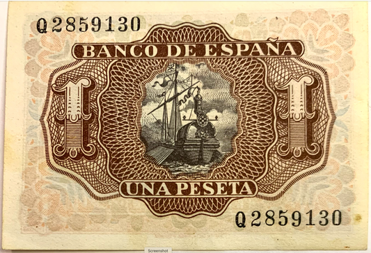 Rare 1953 Spanish 1 Peseta Banknote - P#144a.2 Variant with Unique Serial Q2859130