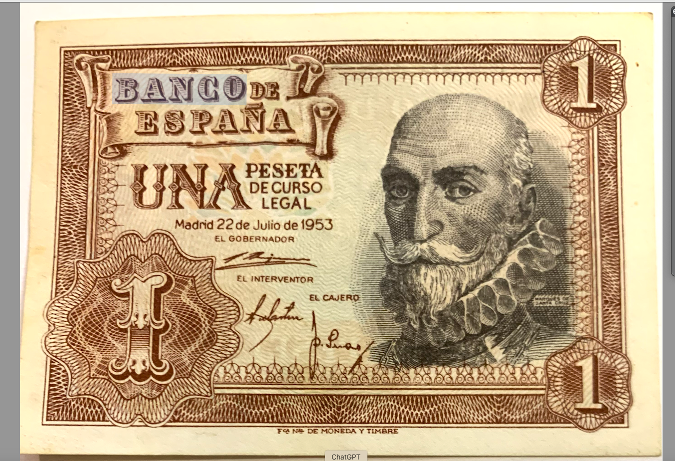 Rare 1953 Spanish 1 Peseta Banknote - P#144a.2 Variant with Unique Serial Q2859130