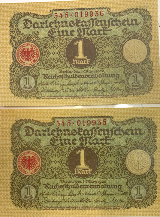 Unique Pair of 1920 1 Mark Notes – Weimar Republic Era, Consecutive Serials