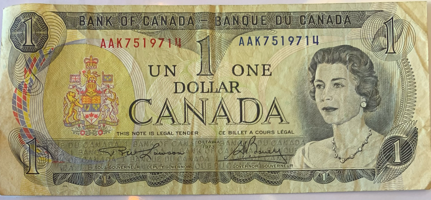 Collectible 1973 Canada One Dollar Bill - Distinctive Serial #AAK7519714