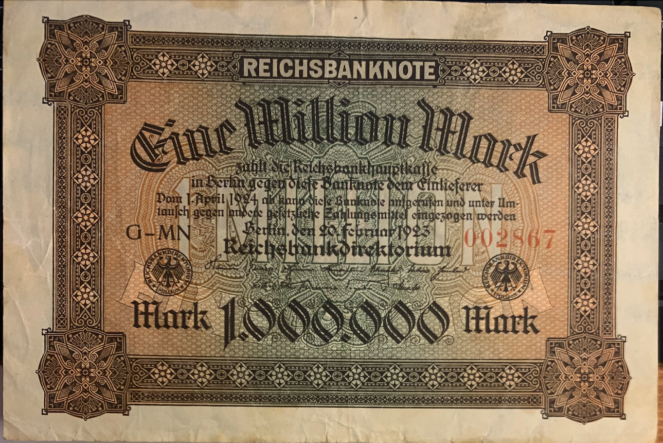 Rare 1923 Reichsbanknote - 1 Million Marks from Germany’s Hyperinflation