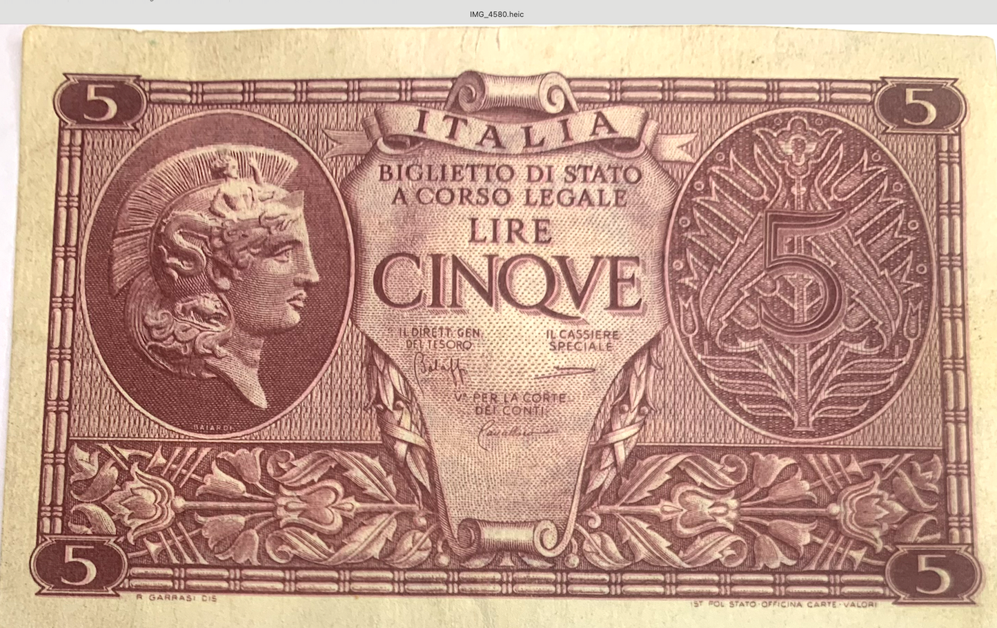 1944 Italy 5 Lire Banknote - Rare Vittorio Emanuele III Treasury Issue