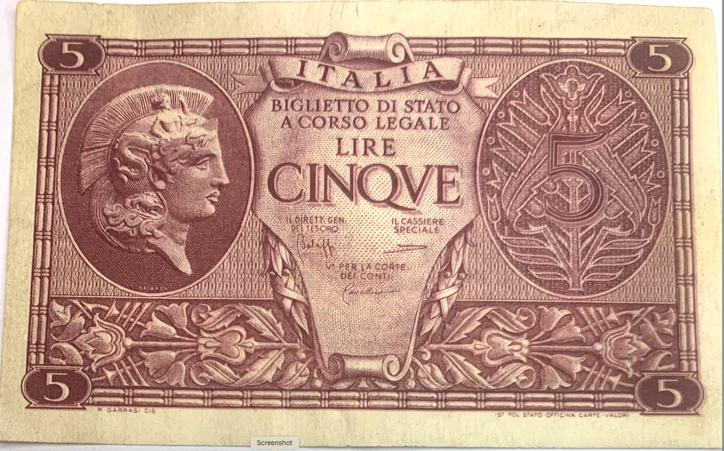 1944 Italy 5 Lire Banknote - Rare Vittorio Emanuele III Treasury Issue