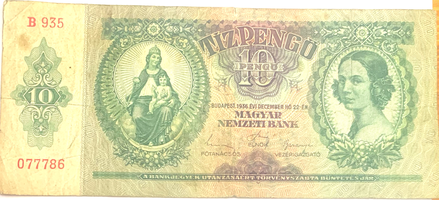 1936 Hungary 10 Pengő Banknote - Rare Nicolas Horthy-Era Collectible