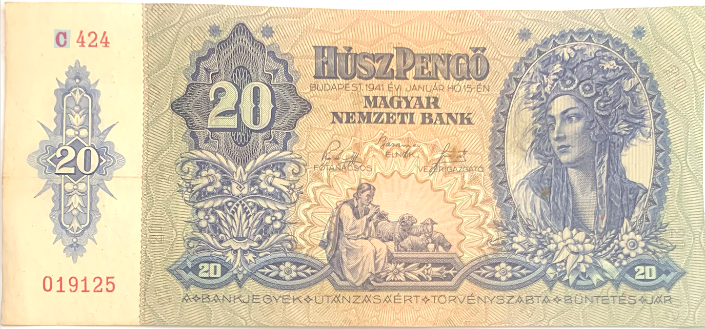 1941 Hungary 20 Pengő Banknote - Rare Nicolas Horthy-Era Collectible