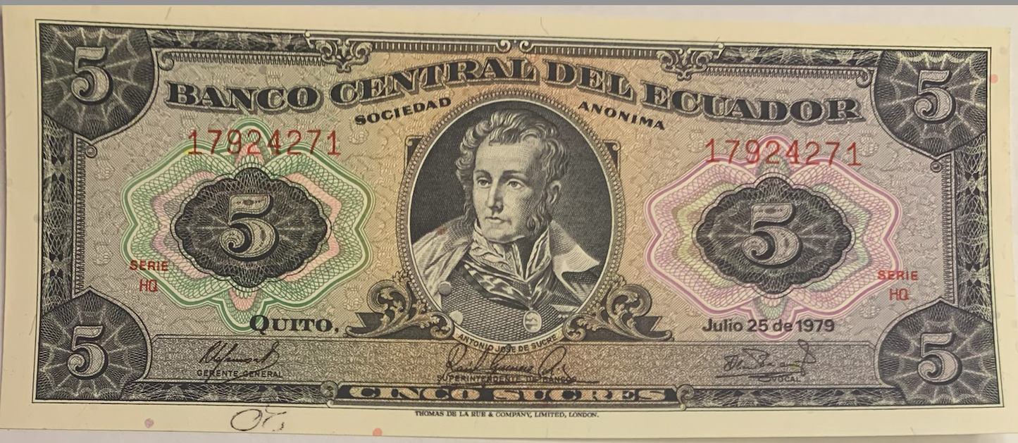 Rare Ecuador 5 Sucres Banknote (1979) – Series HQ with Low 0.19%