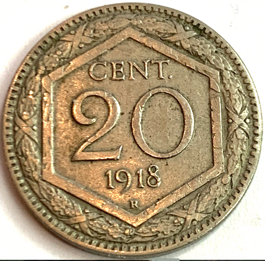 Historic 1918 20 Centesimi: Vittorio Emanuele III Italian Coin