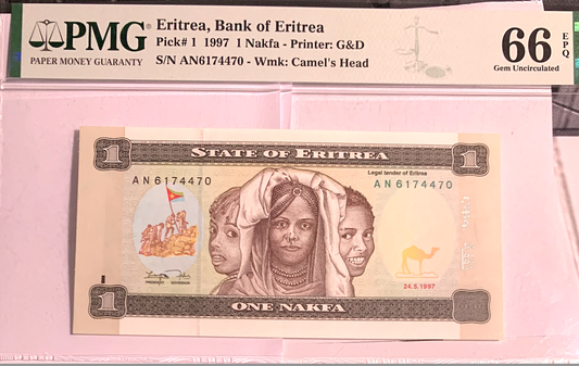 PMG 66 Graded 1 Nakfa Banknote – Rare 1997 Eritrean Currency