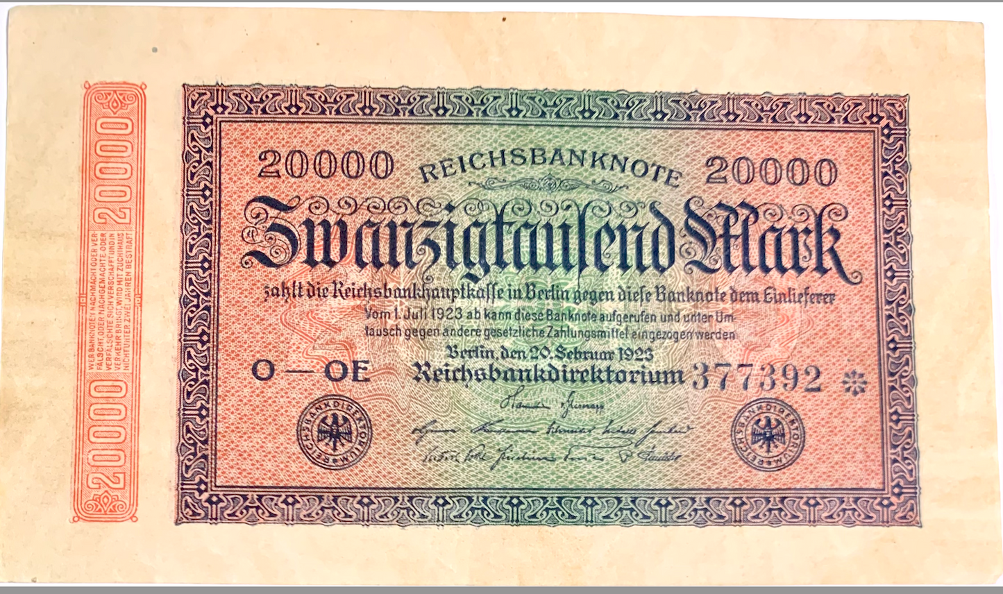 Authentic 20,000 Mark Reichsbanknote (1923) – A Piece of Inflation-Era History