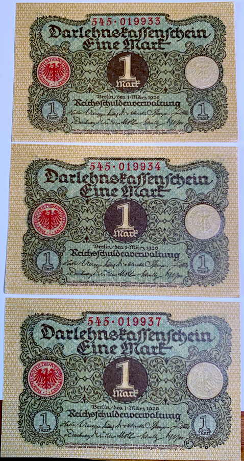 Set of 3! 1920 German 1 Mark Banknotes – Authentic Weimar Republic Notes