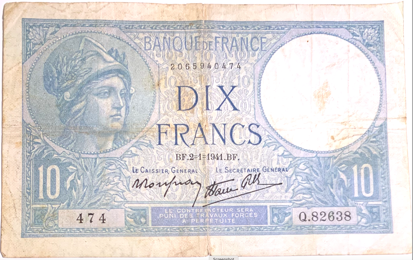 Rare 10 Francs Minerve Banknote (1939-1942) – France Third Republic Note