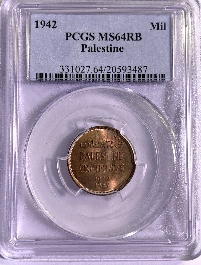 Graded MS64RB by PCGS – Rare 1942 British Palestine 1 Mil Coin!