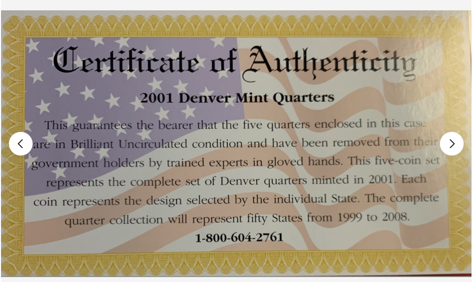 Complete 2001 Denver Mint State Quarters - BU Condition with COA