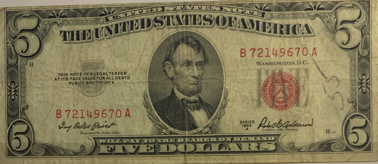 Exclusive 1953 Red Seal $5 Bill - A Piece of American Financial History!"